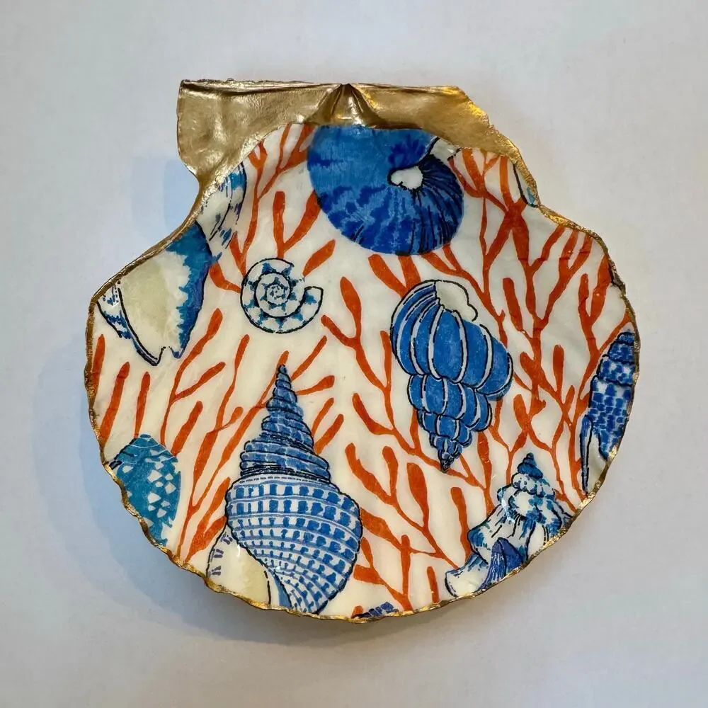 Blue and Orange Coral Seashell Trinket Dish Coastal Decor